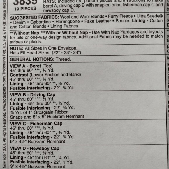 Vintage Hat Sewing Pattern Beret Newsboy Fisherman Driving Caps McCall's 3835 UC - Picture 7 of 11